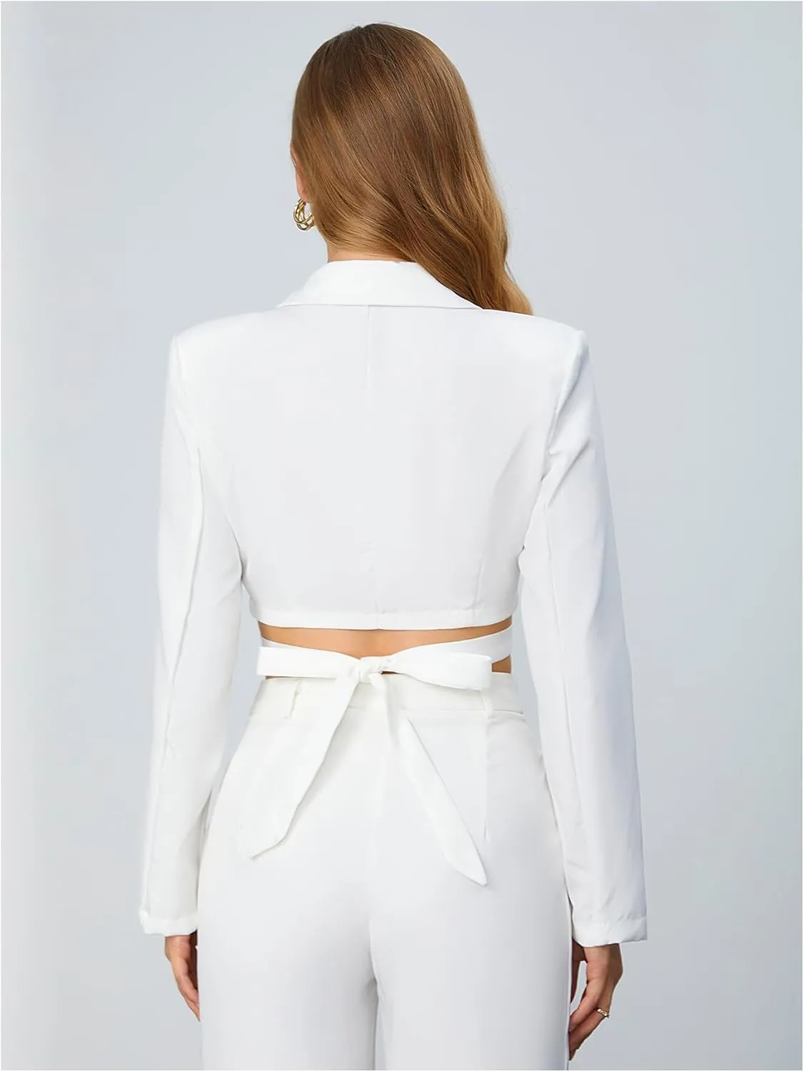 Milumia Women's Long Sleeve Lapel Neck Tie Back Crop Wrap Blazer Crisscross Button Down Shoulder Pad Cropped Jacket