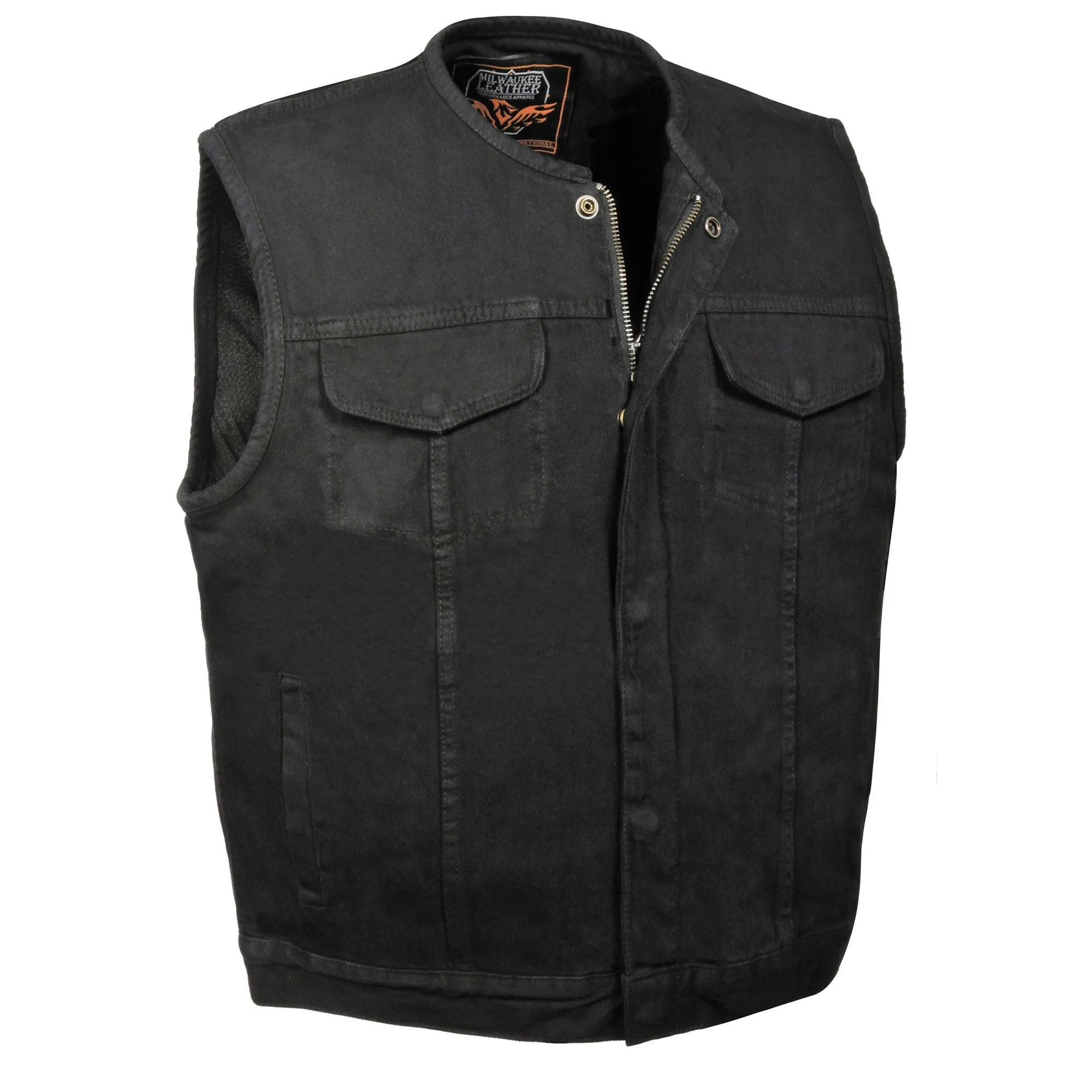 Milwaukee Leather  MDM3001 Men's Collarless Black Denim Club Vest with Hidden Zipper