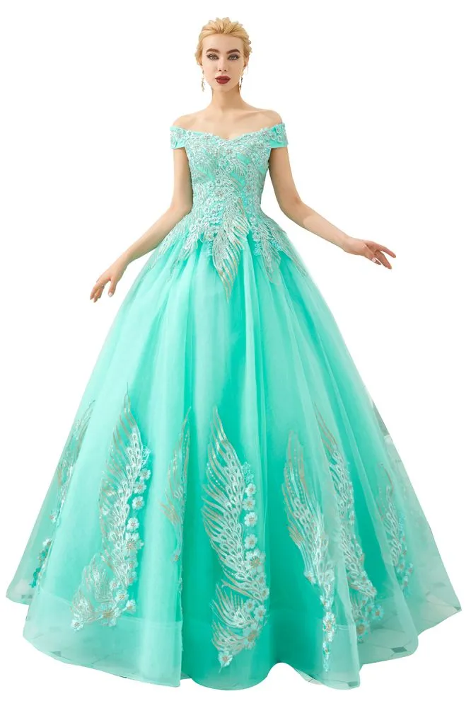 Modern Sleeveless aline Ball Gown Gold Appliques Off the Shoulder Tulle Party Gowns