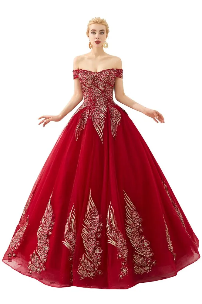 Modern Sleeveless aline Ball Gown Gold Appliques Off the Shoulder Tulle Party Gowns