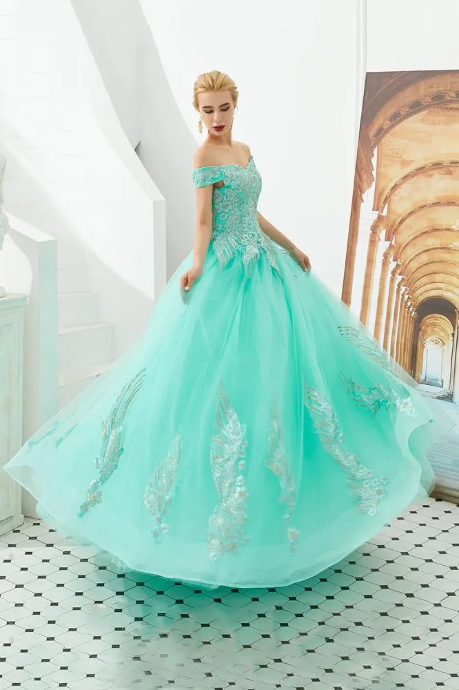 Modern Sleeveless aline Ball Gown Gold Appliques Off the Shoulder Tulle Party Gowns