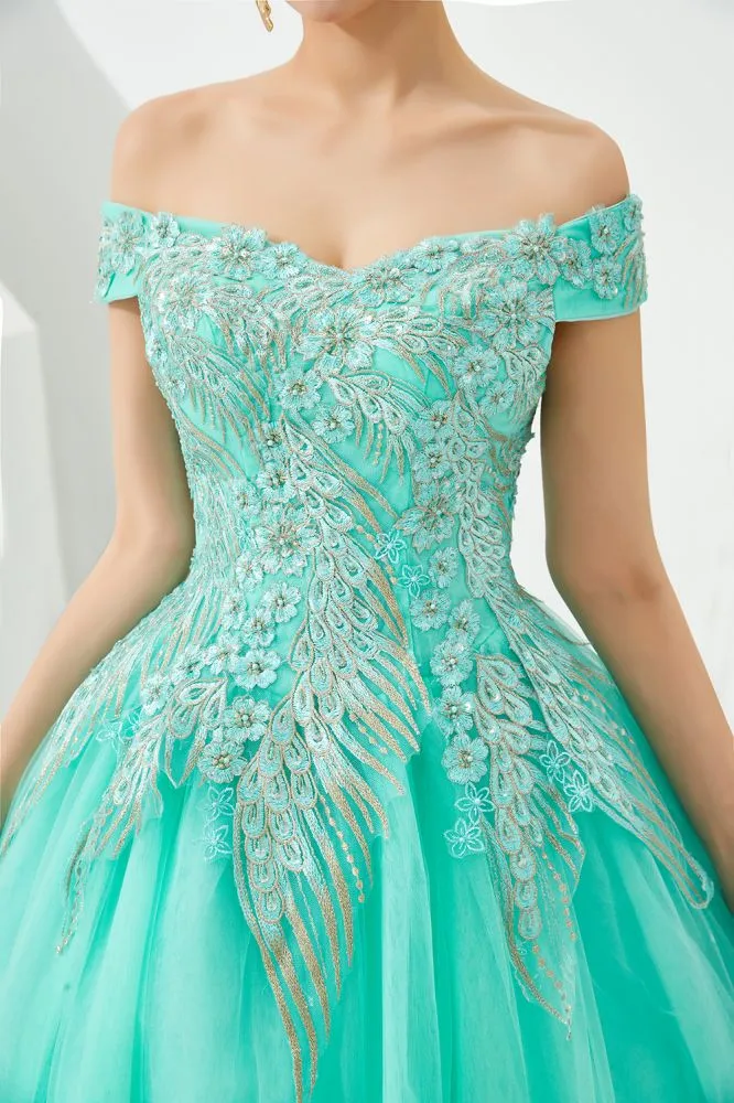 Modern Sleeveless aline Ball Gown Gold Appliques Off the Shoulder Tulle Party Gowns