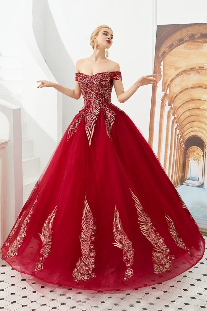 Modern Sleeveless aline Ball Gown Gold Appliques Off the Shoulder Tulle Party Gowns