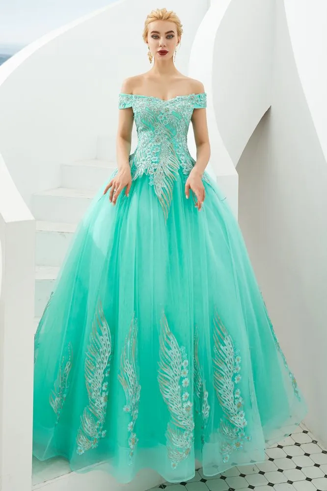 Modern Sleeveless aline Ball Gown Gold Appliques Off the Shoulder Tulle Party Gowns