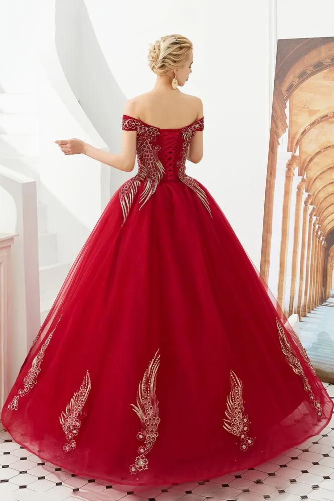 Modern Sleeveless aline Ball Gown Gold Appliques Off the Shoulder Tulle Party Gowns