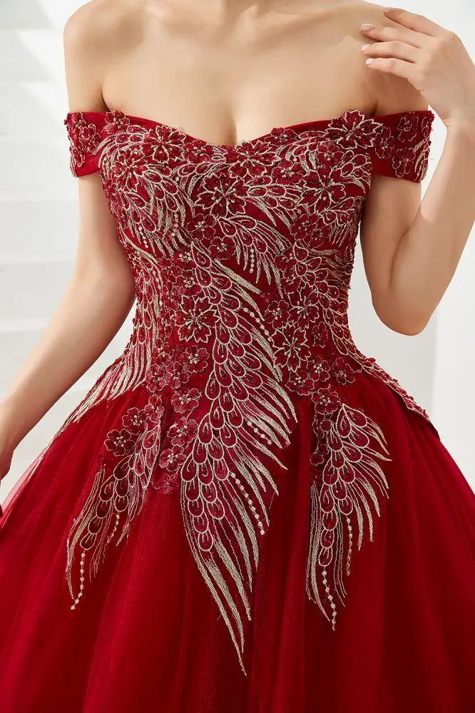 Modern Sleeveless aline Ball Gown Gold Appliques Off the Shoulder Tulle Party Gowns