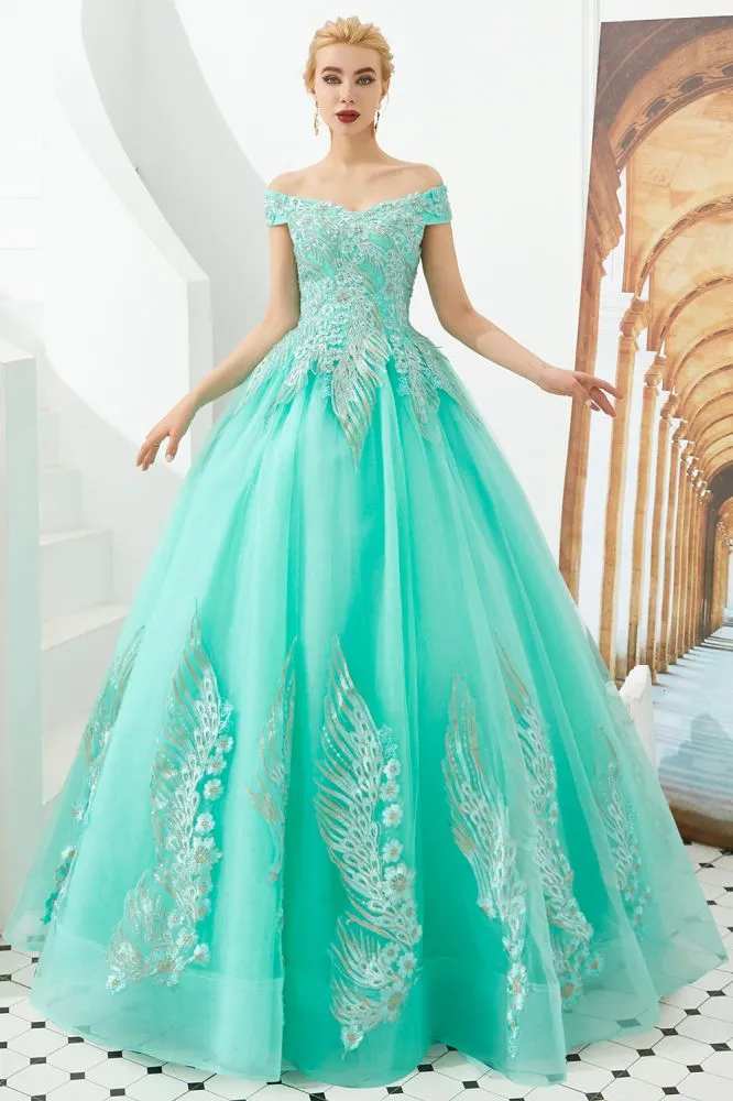 Modern Sleeveless aline Ball Gown Gold Appliques Off the Shoulder Tulle Party Gowns