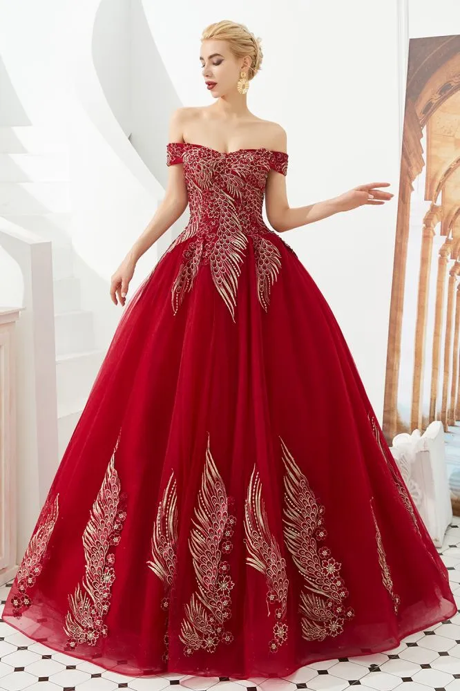 Modern Sleeveless aline Ball Gown Gold Appliques Off the Shoulder Tulle Party Gowns