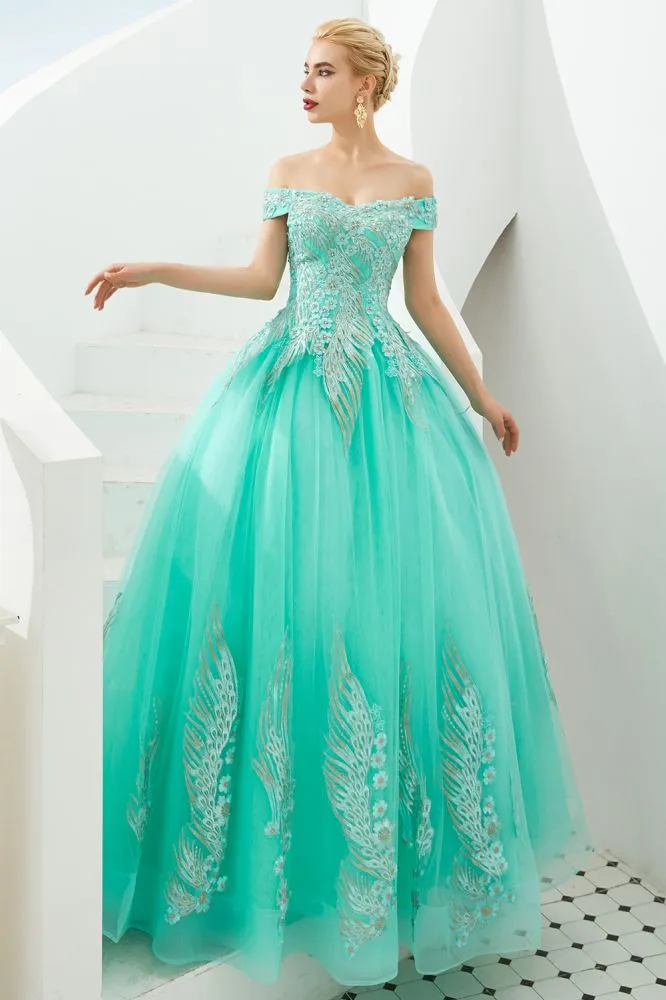 Modern Sleeveless aline Ball Gown Gold Appliques Off the Shoulder Tulle Party Gowns