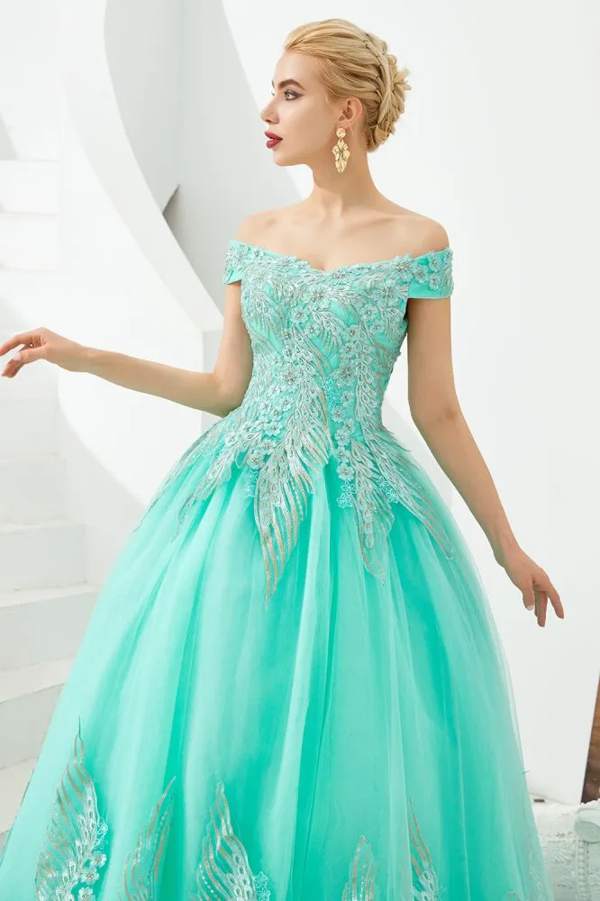 Modern Sleeveless aline Ball Gown Gold Appliques Off the Shoulder Tulle Party Gowns
