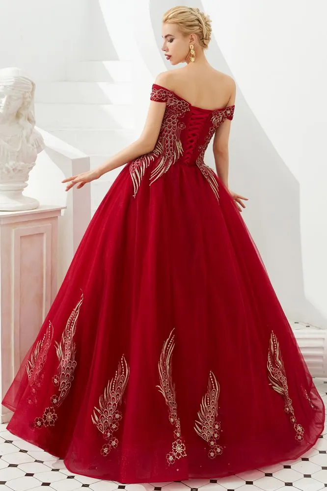 Modern Sleeveless aline Ball Gown Gold Appliques Off the Shoulder Tulle Party Gowns