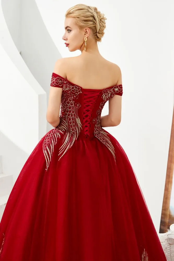 Modern Sleeveless aline Ball Gown Gold Appliques Off the Shoulder Tulle Party Gowns