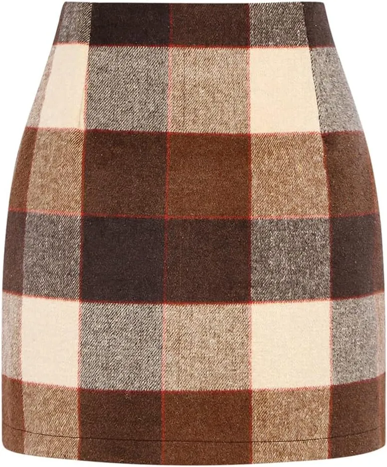 Mywinway Plaid Mini Skirt for Women Fall Winter High Waist A Line Bodycon Pencil Fall Skirts