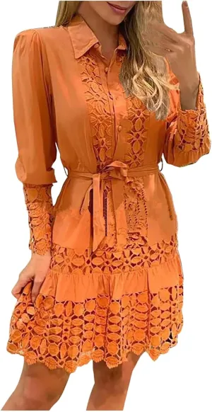 NaRHbrg Women Casual Spring Summer Dresses Long Sleeve Mini Dress Hollow Out Eyelet Embroidery Ruffle A Line Swing Dresses