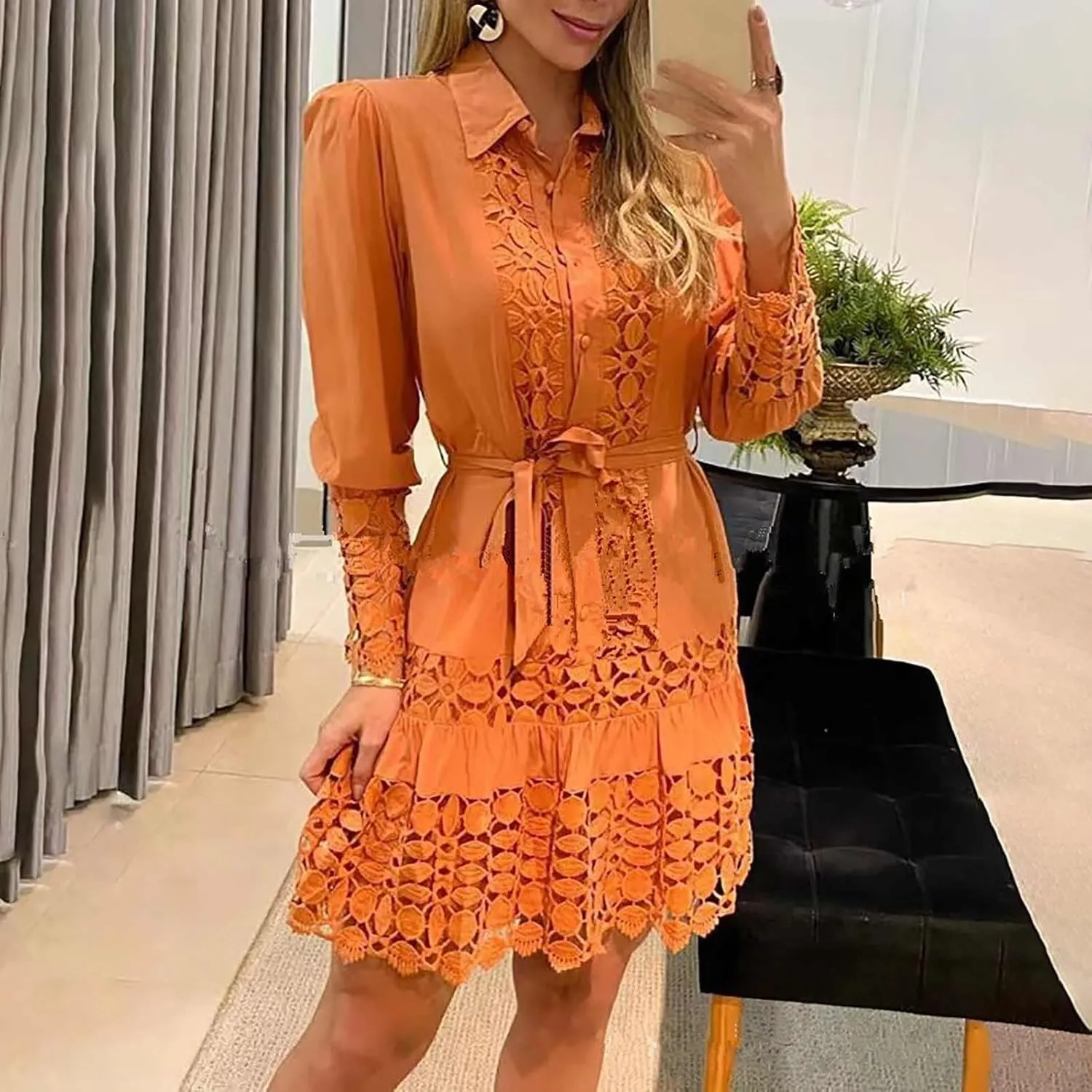 NaRHbrg Women Casual Spring Summer Dresses Long Sleeve Mini Dress Hollow Out Eyelet Embroidery Ruffle A Line Swing Dresses