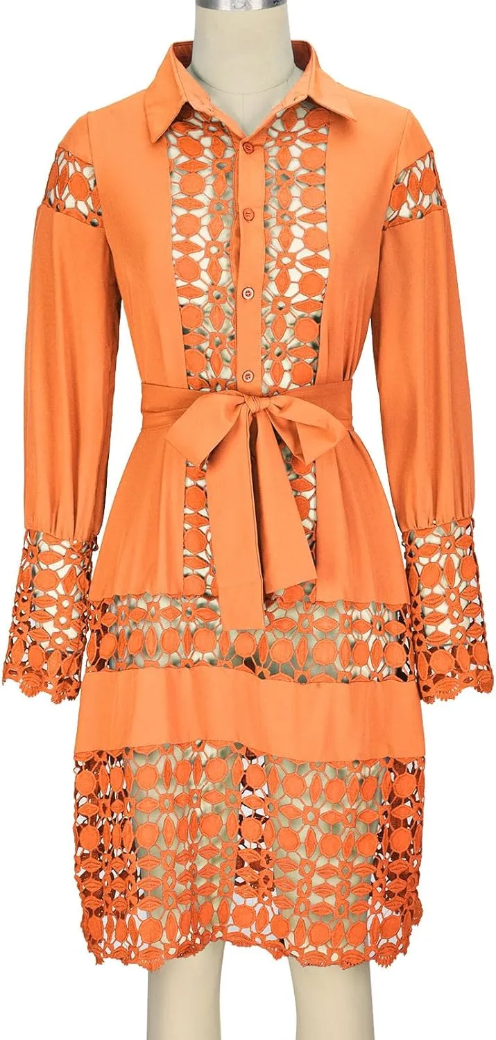 NaRHbrg Women Casual Spring Summer Dresses Long Sleeve Mini Dress Hollow Out Eyelet Embroidery Ruffle A Line Swing Dresses