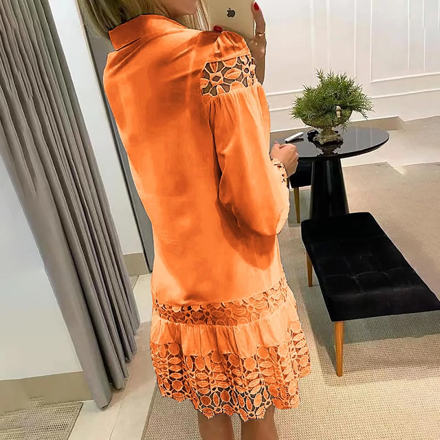 NaRHbrg Women Casual Spring Summer Dresses Long Sleeve Mini Dress Hollow Out Eyelet Embroidery Ruffle A Line Swing Dresses