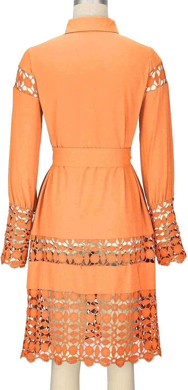 NaRHbrg Women Casual Spring Summer Dresses Long Sleeve Mini Dress Hollow Out Eyelet Embroidery Ruffle A Line Swing Dresses