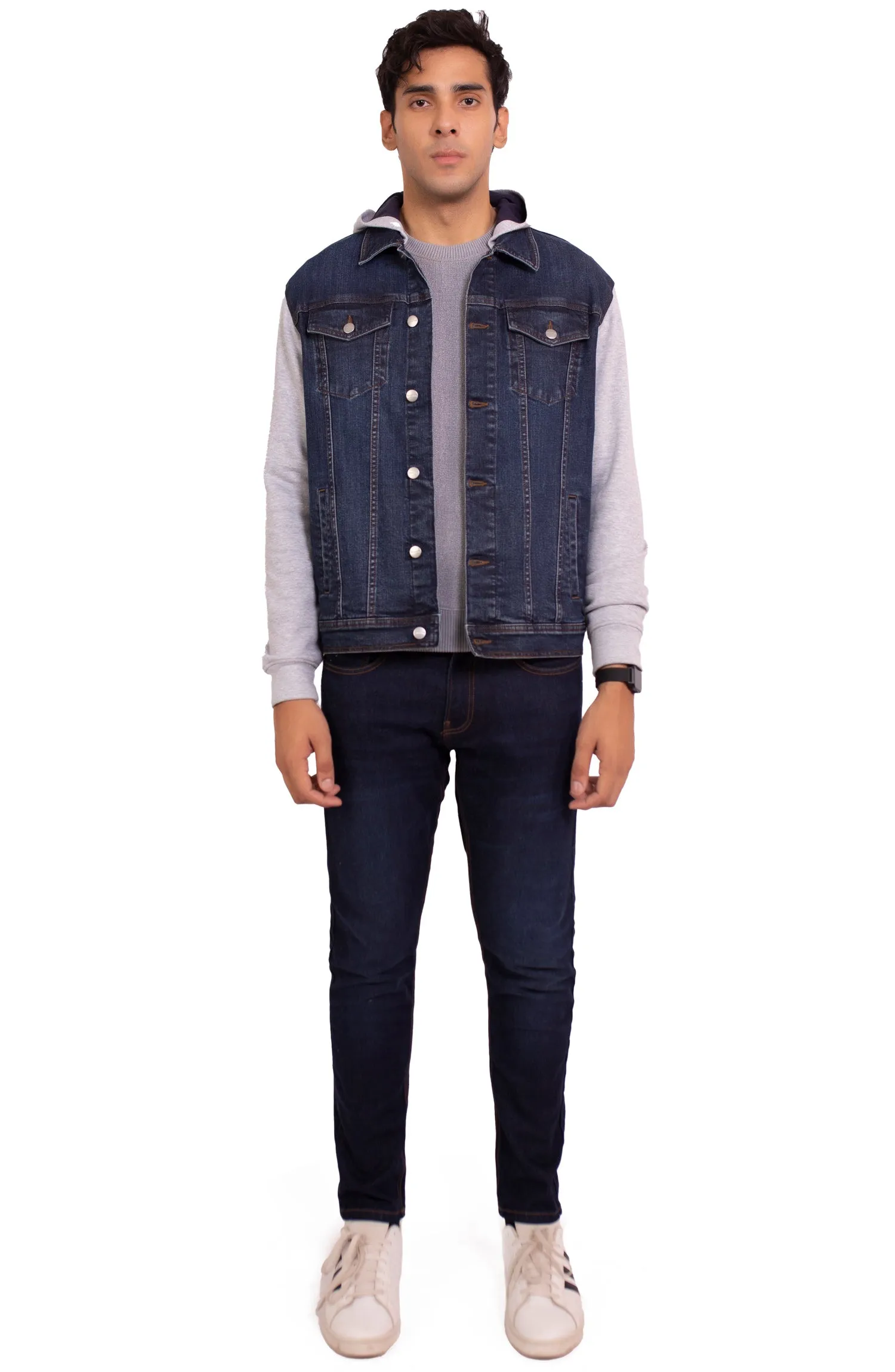 Navy Blue Hooded Denim Jacket