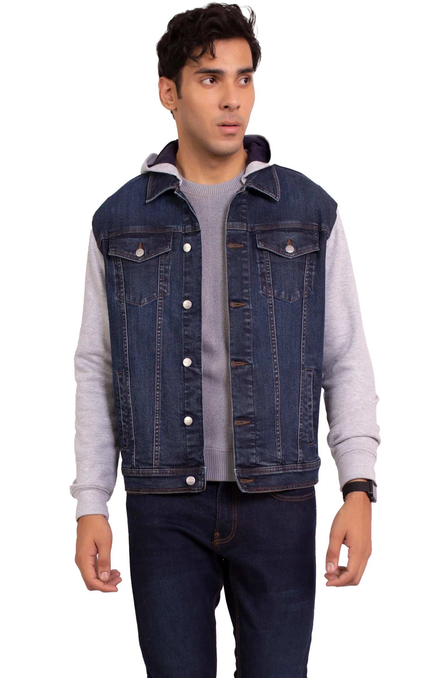 Navy Blue Hooded Denim Jacket