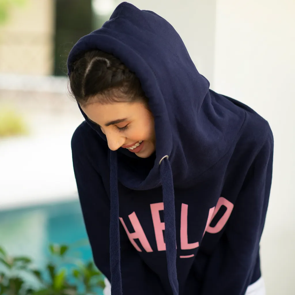 Navy Pink Hello Cowl Neck Hoodie