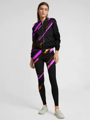 New Arrival Lines Bomber Jacket With Leggings Black Co Ord Set