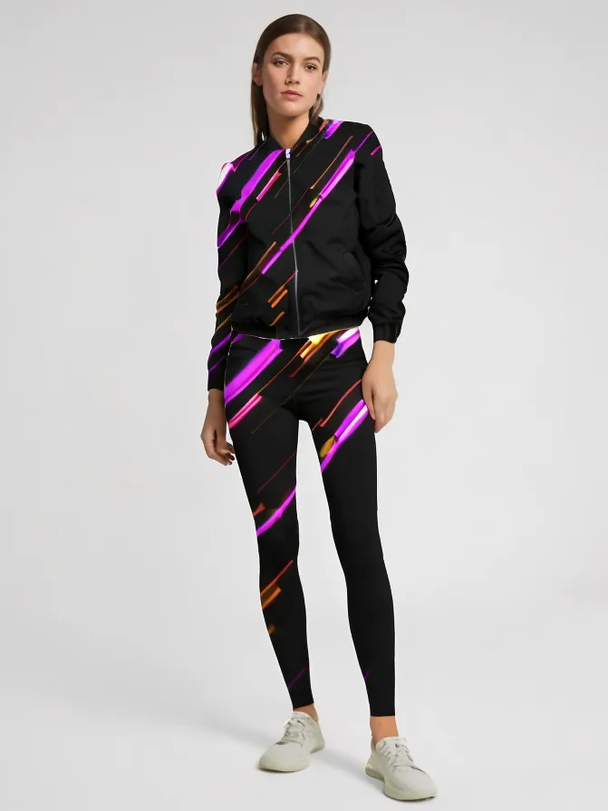 New Arrival Lines Bomber Jacket With Leggings Black Co Ord Set
