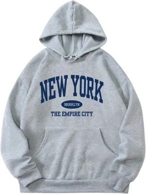 NEW YORK Letter Pattern Women's Hoodie Oversized Long Sleeve Casual Drawstring Autumn Pullover Sweater Top