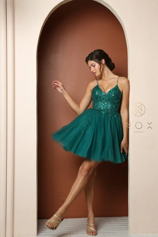 NOX ANABEL T743 Applique Sleeveless Deep V-Neck Short Dress