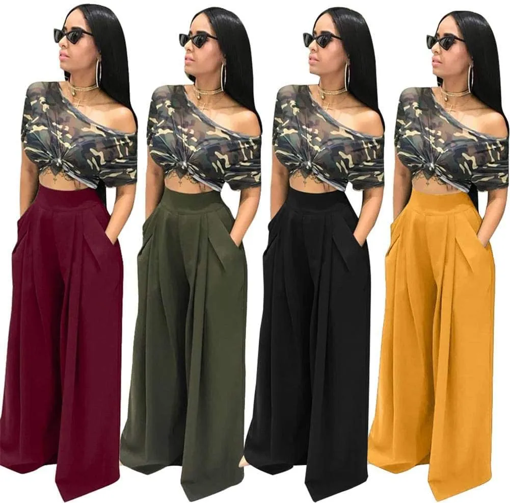 NRTHYE Womens Palazzo Long Pants High Waist Wide Leg Stretchy Loose Fit Casual Trousers with Pocket