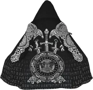 Odin Raven Men Viking Hooded Coat, Nordic Faux Cashmere Cloak 3D Printed Overcoat Winter Mid-Length Parka Jacket