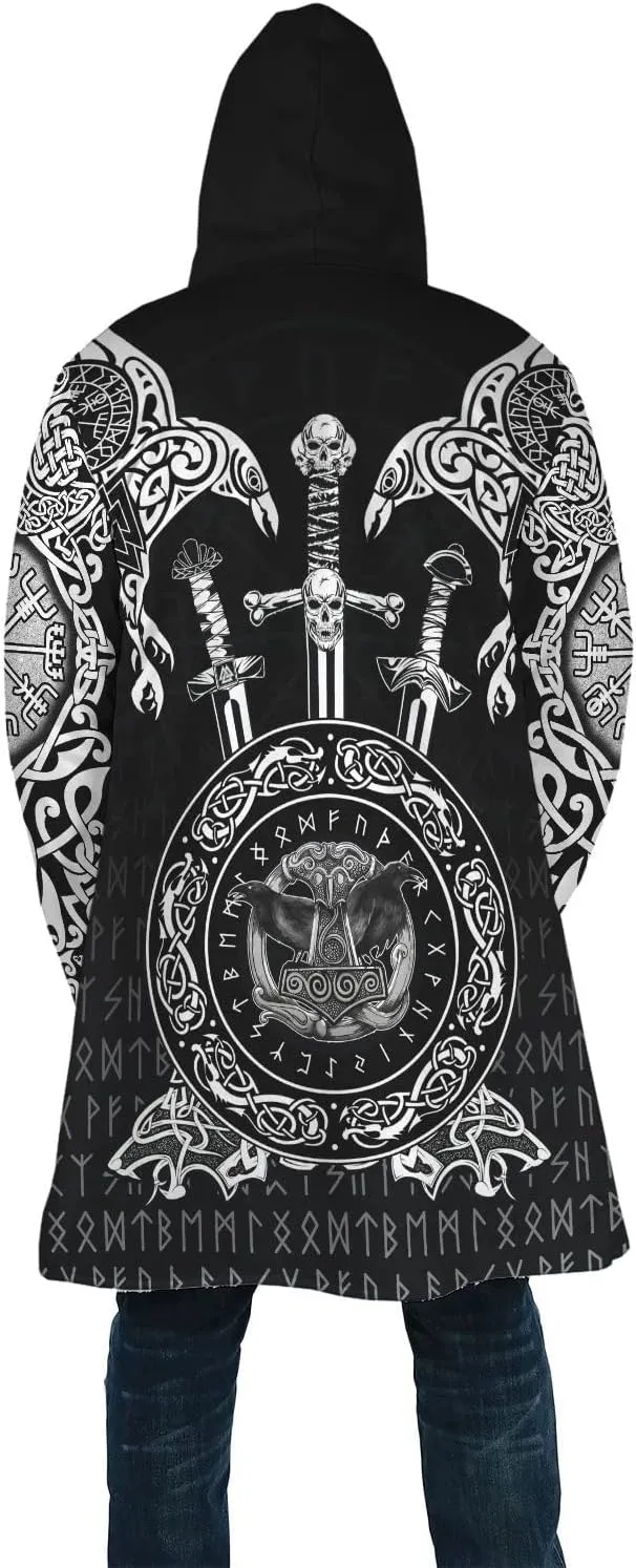Odin Raven Men Viking Hooded Coat, Nordic Faux Cashmere Cloak 3D Printed Overcoat Winter Mid-Length Parka Jacket