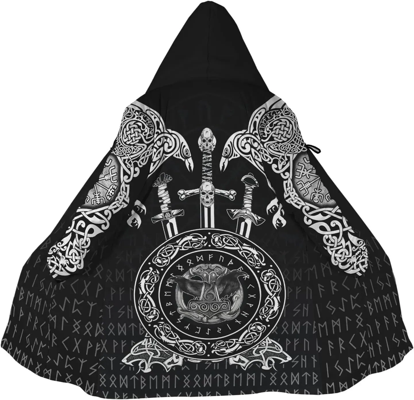 Odin Raven Men Viking Hooded Coat, Nordic Faux Cashmere Cloak 3D Printed Overcoat Winter Mid-Length Parka Jacket