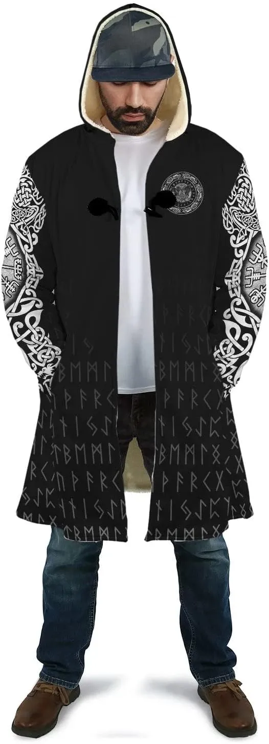 Odin Raven Men Viking Hooded Coat, Nordic Faux Cashmere Cloak 3D Printed Overcoat Winter Mid-Length Parka Jacket