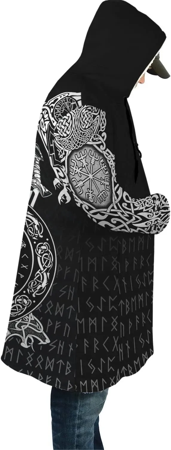 Odin Raven Men Viking Hooded Coat, Nordic Faux Cashmere Cloak 3D Printed Overcoat Winter Mid-Length Parka Jacket