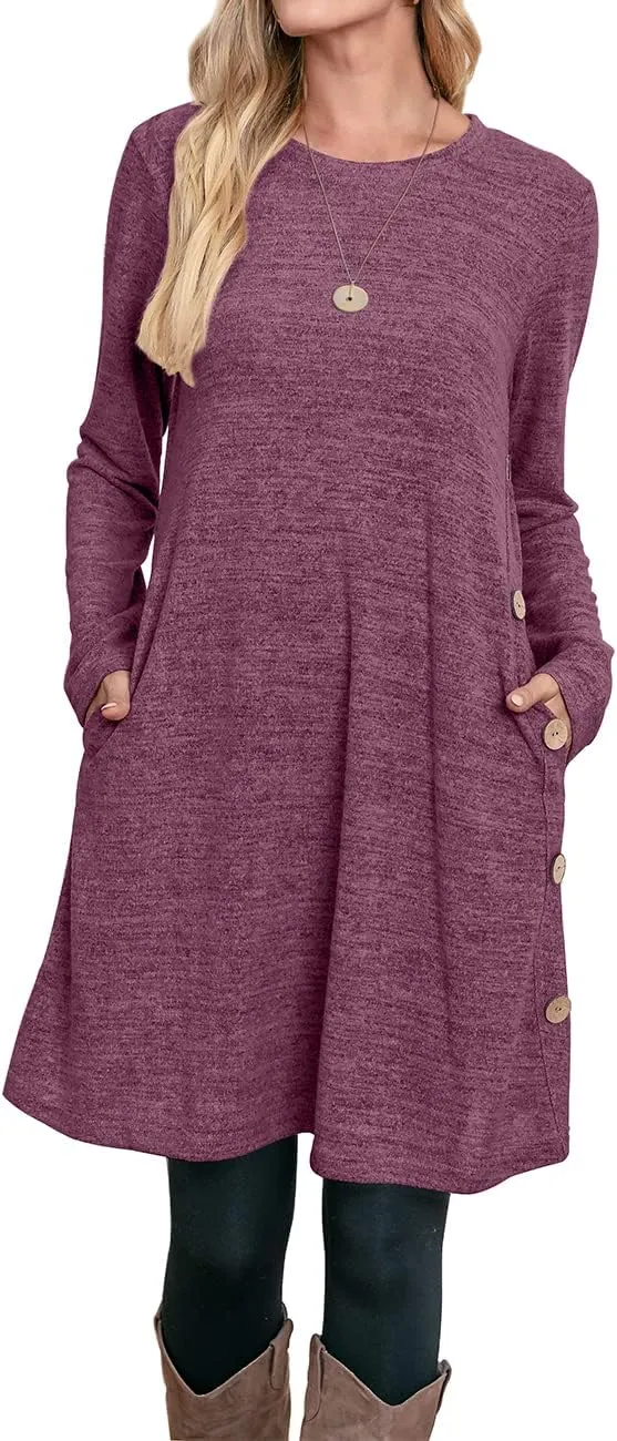 OFEEFAN Womens Long Sleeve Tunic Dres Fall Outfits with Pockets Buttons