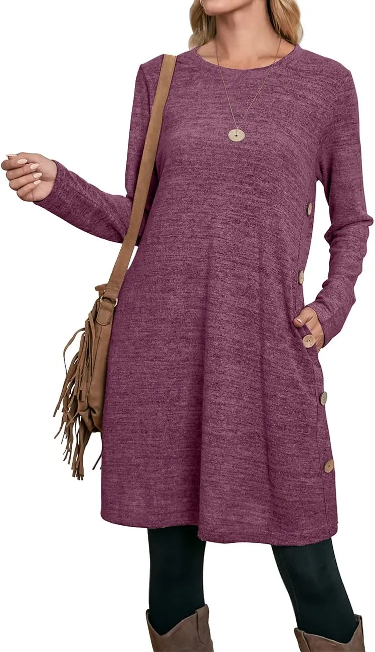 OFEEFAN Womens Long Sleeve Tunic Dres Fall Outfits with Pockets Buttons