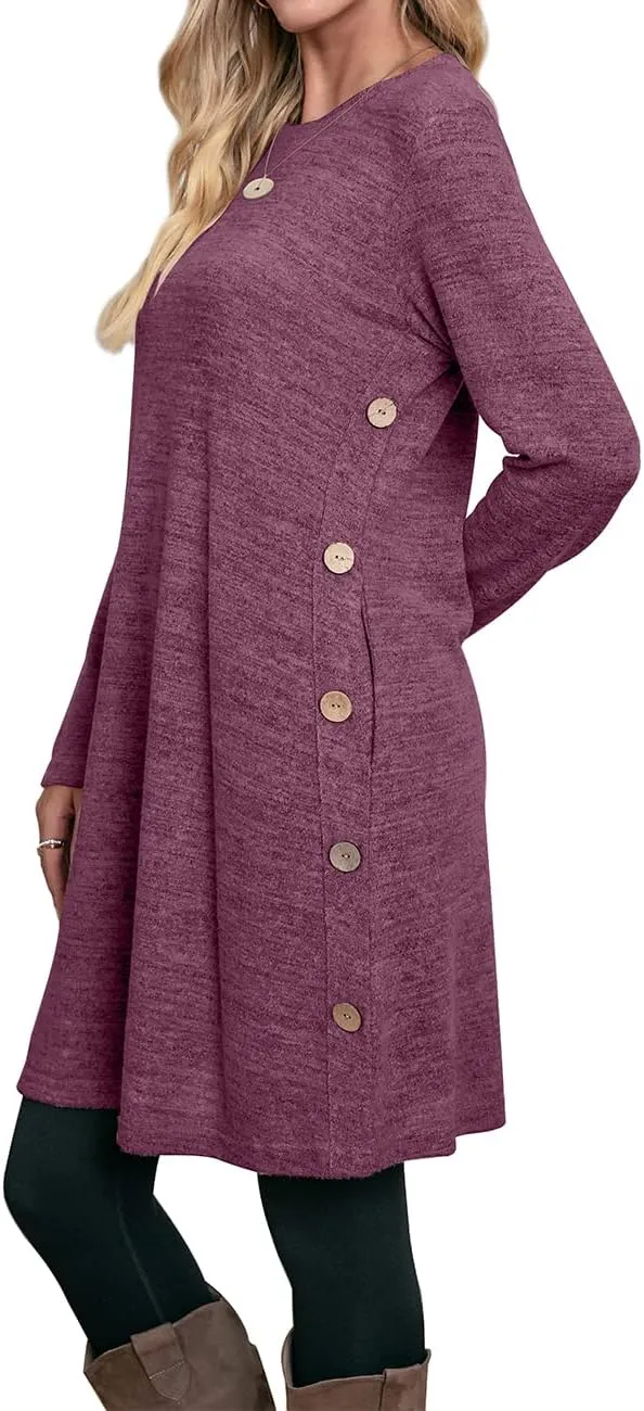 OFEEFAN Womens Long Sleeve Tunic Dres Fall Outfits with Pockets Buttons