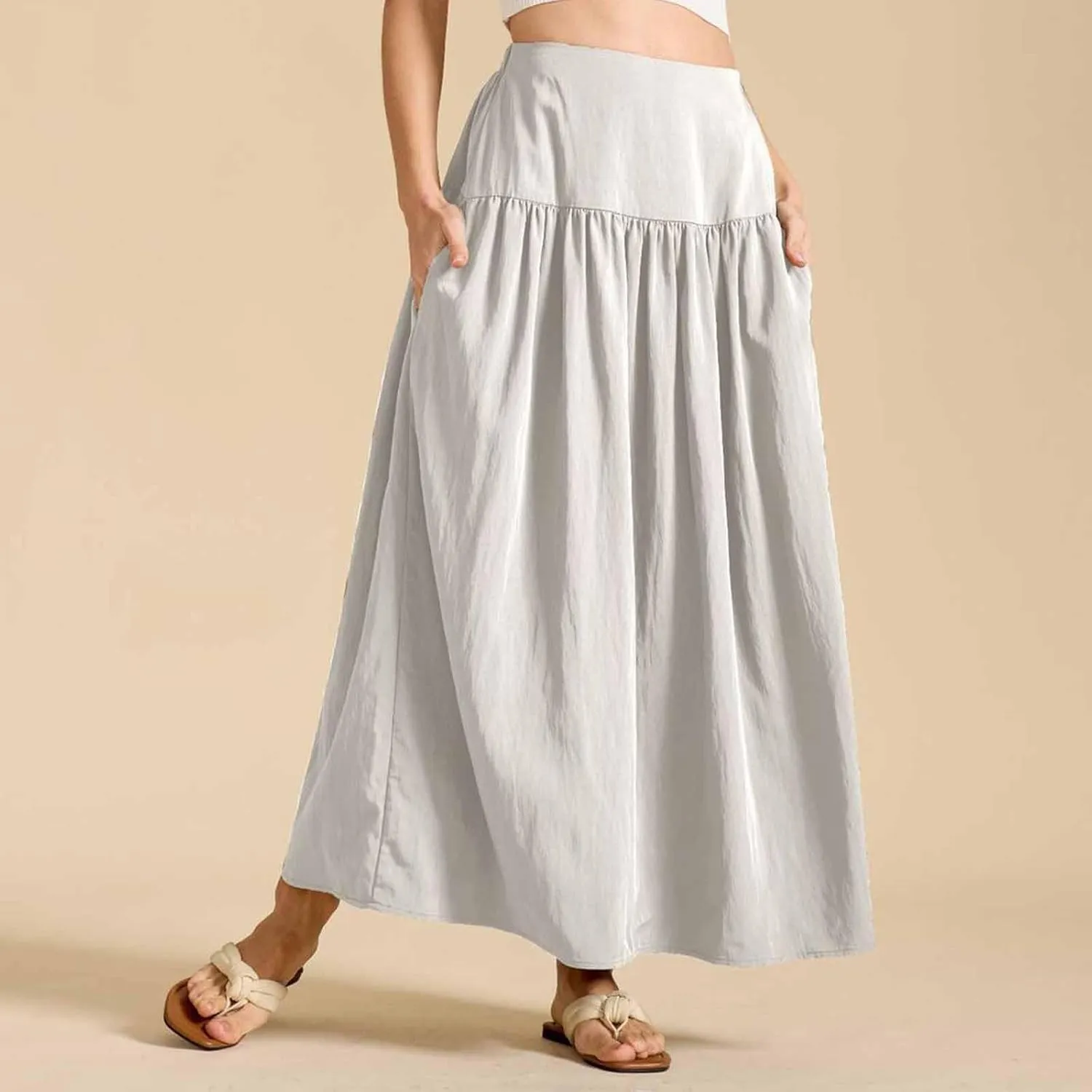 Oplxuo Maxi Skirts for Women Elastic High Waisted Tiered Long Skirt Solid Color Summer Vacation Casual Flowy Skirts