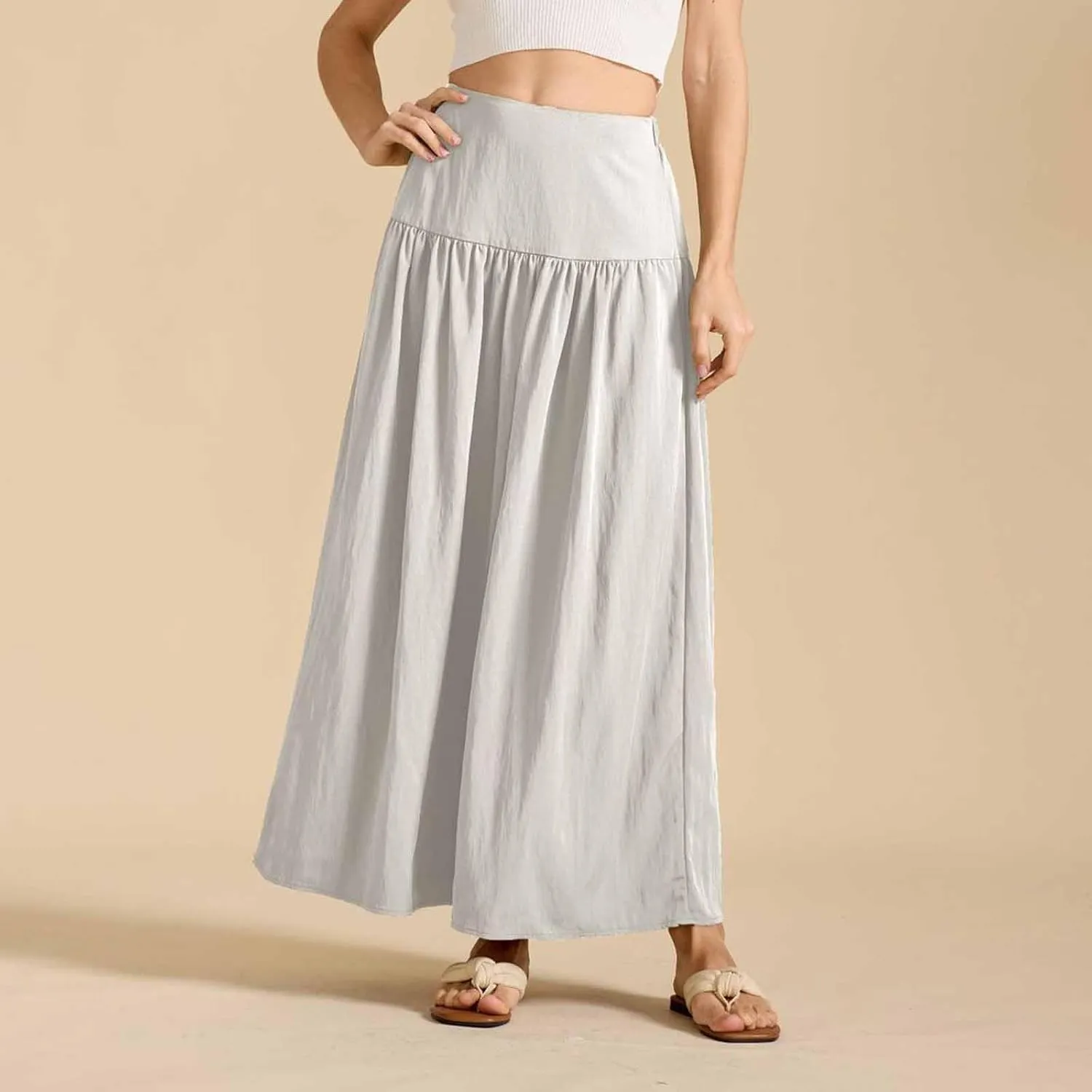 Oplxuo Maxi Skirts for Women Elastic High Waisted Tiered Long Skirt Solid Color Summer Vacation Casual Flowy Skirts
