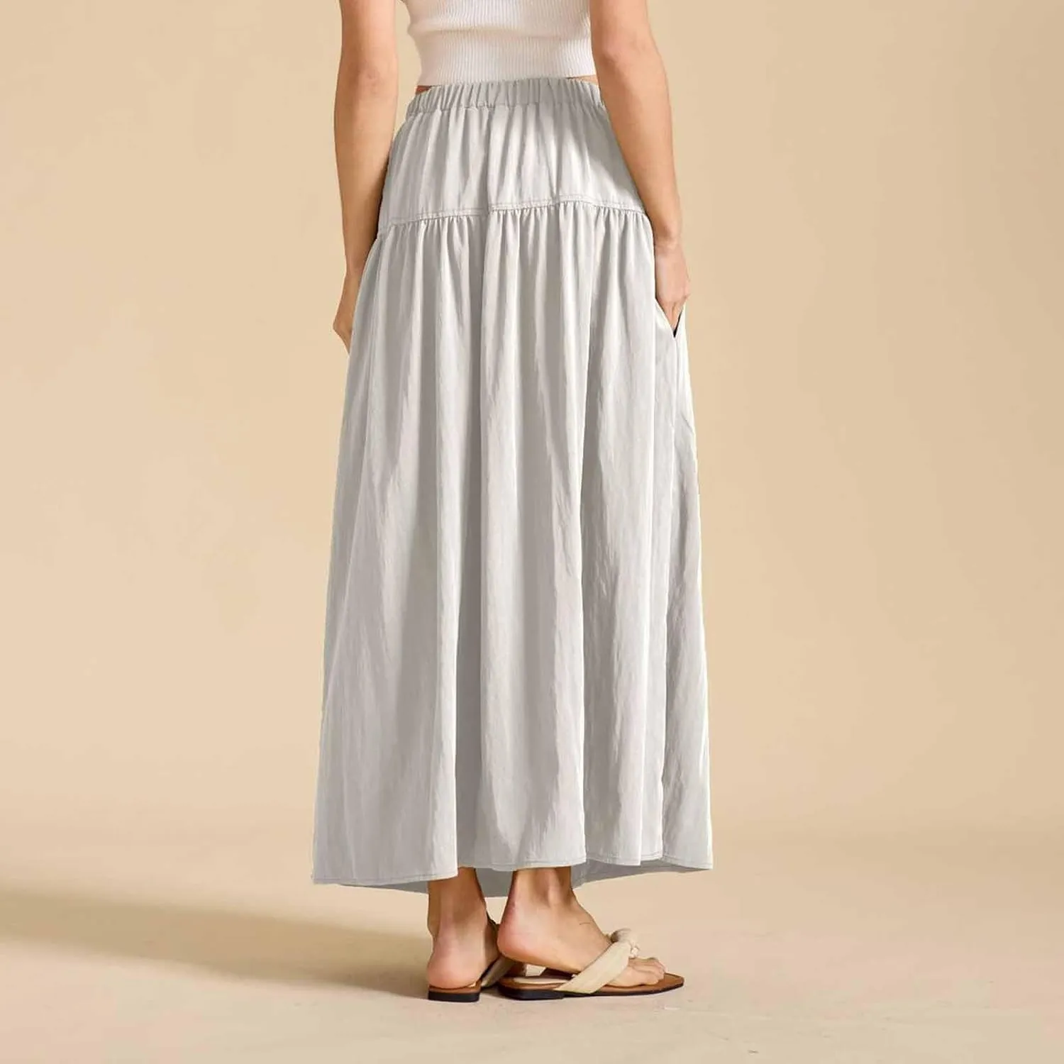 Oplxuo Maxi Skirts for Women Elastic High Waisted Tiered Long Skirt Solid Color Summer Vacation Casual Flowy Skirts