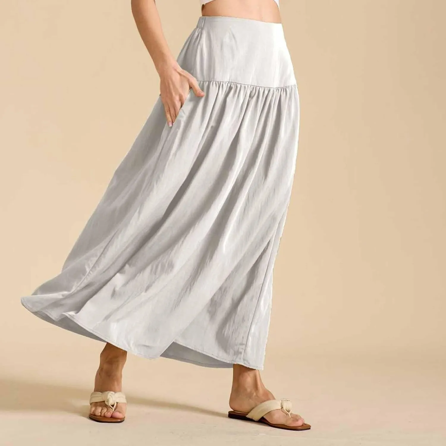 Oplxuo Maxi Skirts for Women Elastic High Waisted Tiered Long Skirt Solid Color Summer Vacation Casual Flowy Skirts