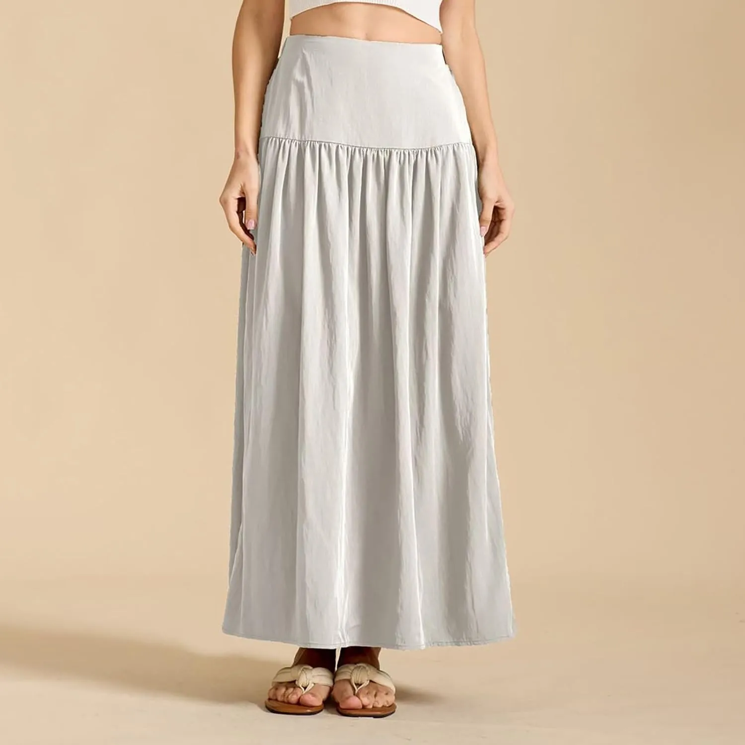Oplxuo Maxi Skirts for Women Elastic High Waisted Tiered Long Skirt Solid Color Summer Vacation Casual Flowy Skirts