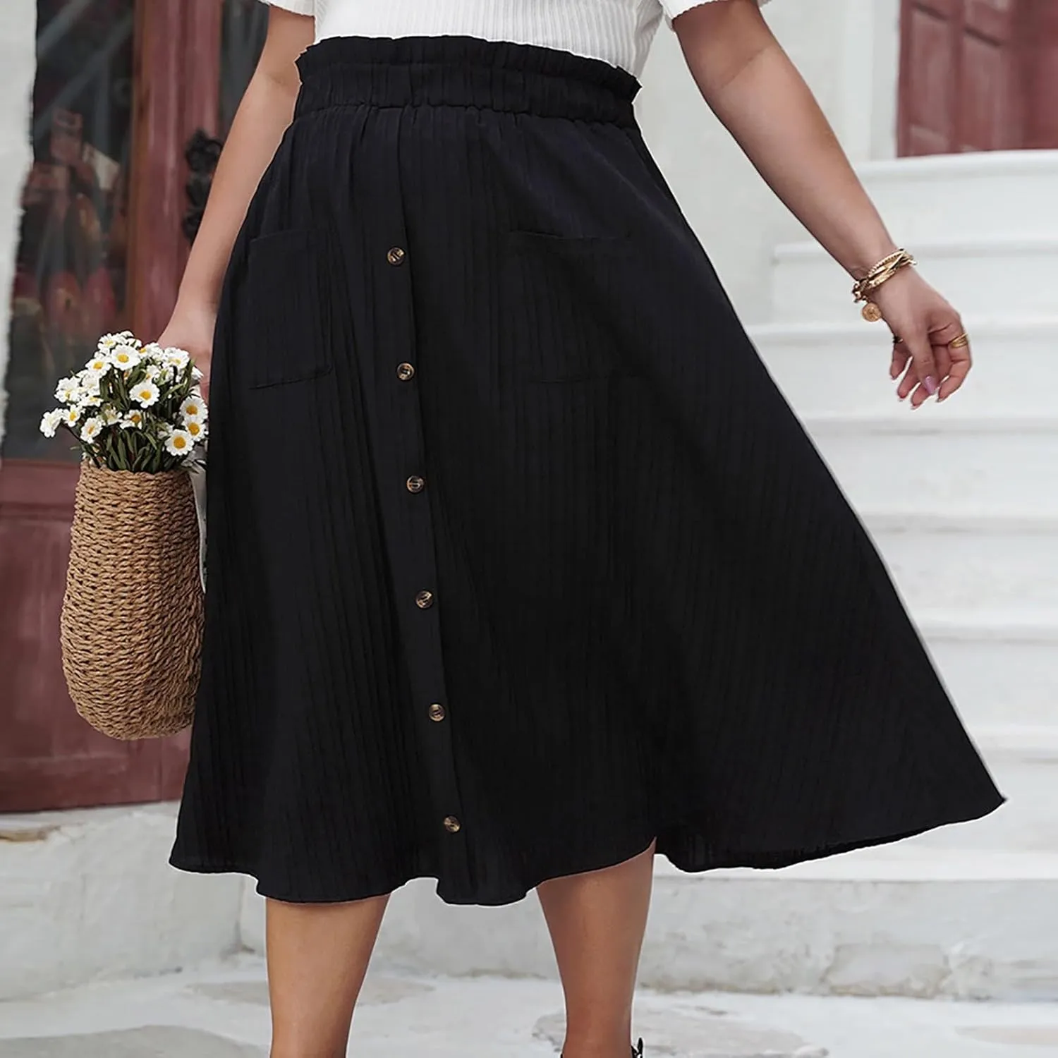 Oplxuo Pleated Midi Skirts for Women with Pockets, Elastic High Waisted Skirt,Button Down Solid Color A Line Skirts