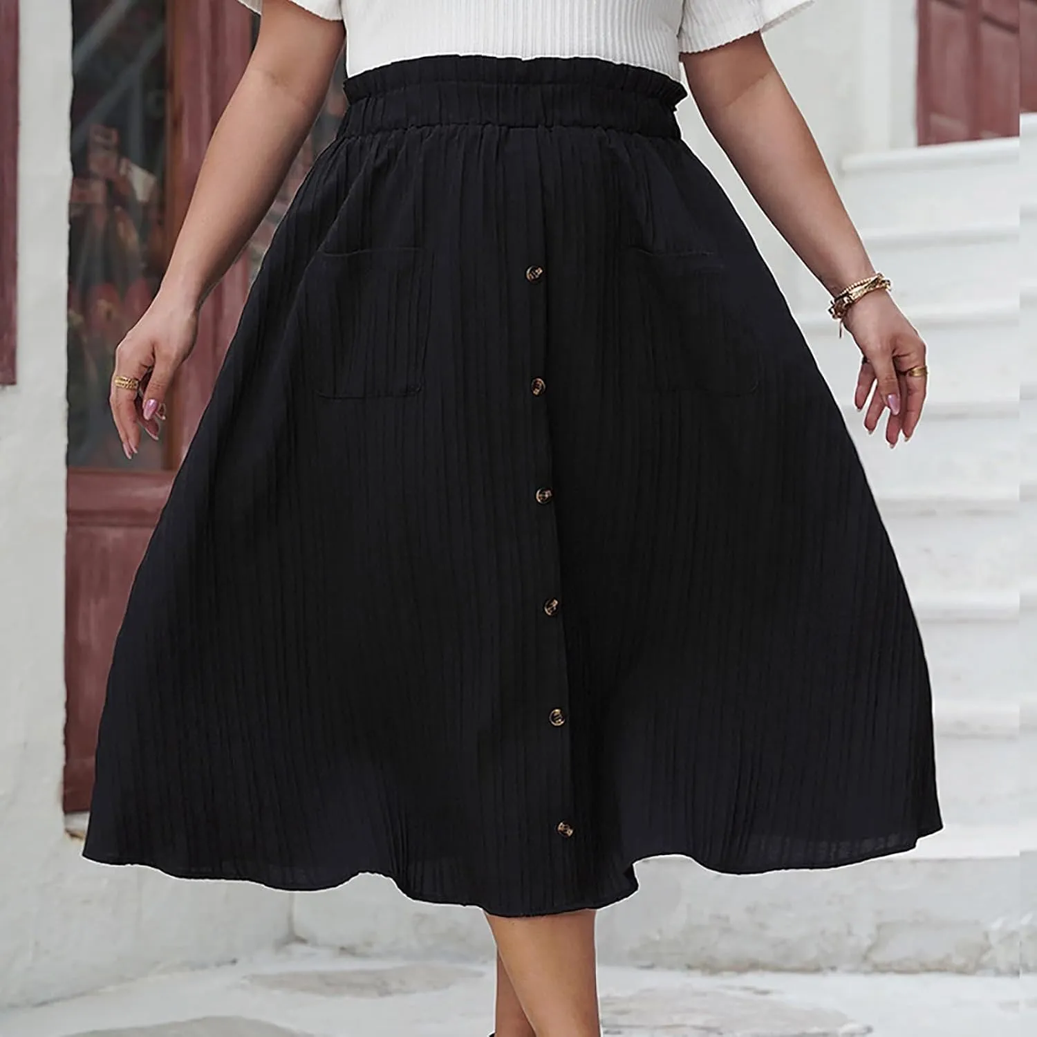 Oplxuo Pleated Midi Skirts for Women with Pockets, Elastic High Waisted Skirt,Button Down Solid Color A Line Skirts