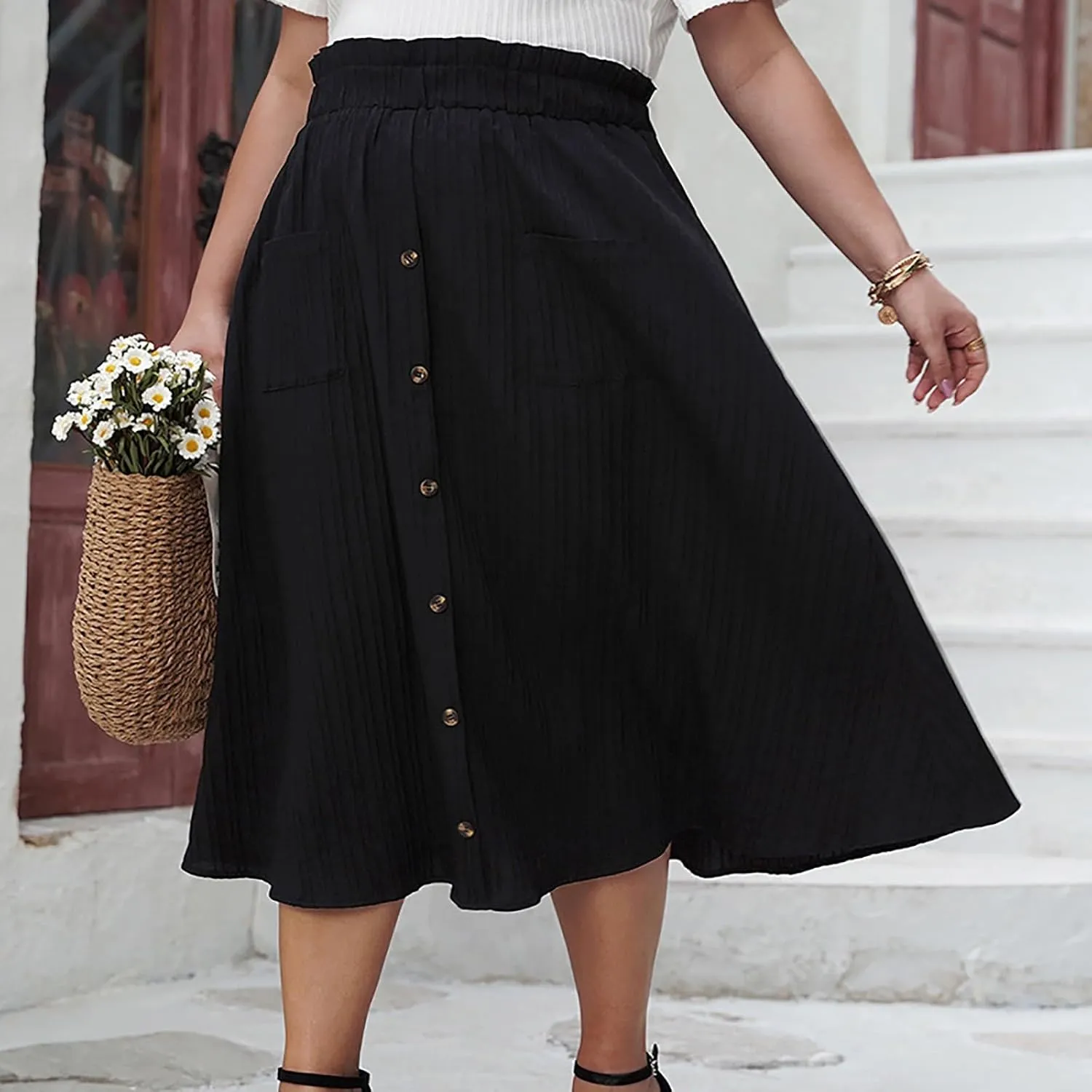 Oplxuo Pleated Midi Skirts for Women with Pockets, Elastic High Waisted Skirt,Button Down Solid Color A Line Skirts