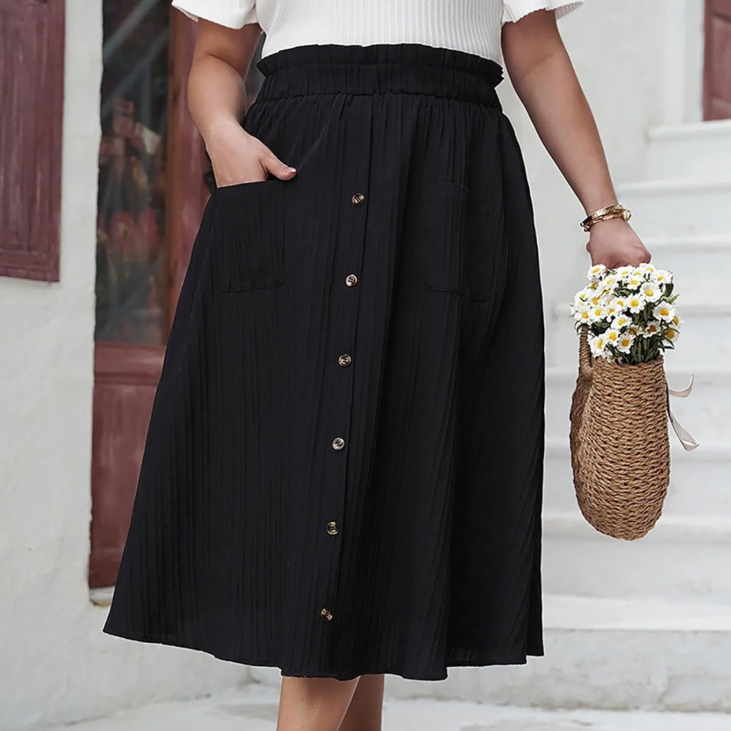 Oplxuo Pleated Midi Skirts for Women with Pockets, Elastic High Waisted Skirt,Button Down Solid Color A Line Skirts