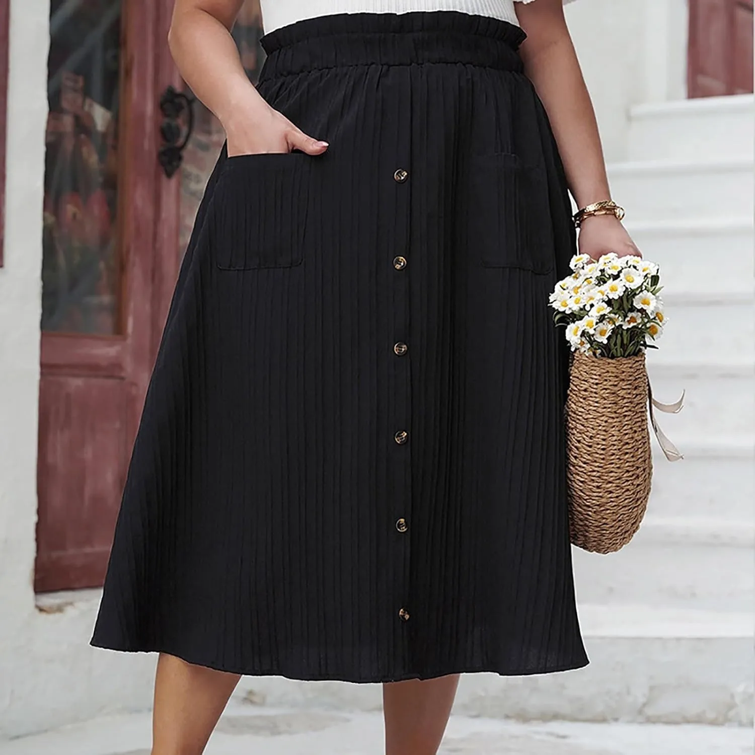Oplxuo Pleated Midi Skirts for Women with Pockets, Elastic High Waisted Skirt,Button Down Solid Color A Line Skirts