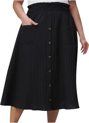 Oplxuo Pleated Midi Skirts for Women with Pockets, Elastic High Waisted Skirt,Button Down Solid Color A Line Skirts