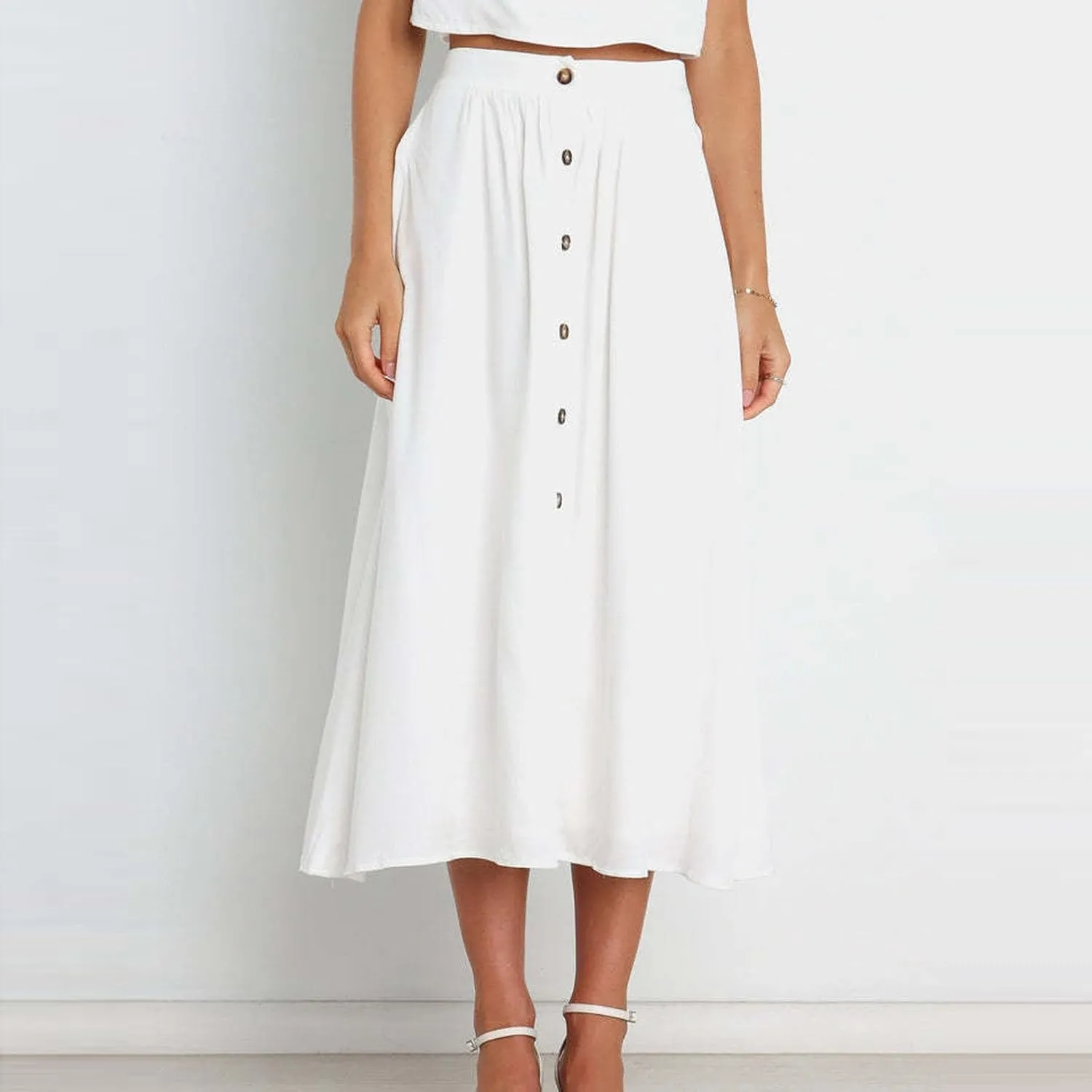 Oplxuo Womens Casual Summer Skirts Front Button A-Line High Waisted Midi Skirt with Pockets
